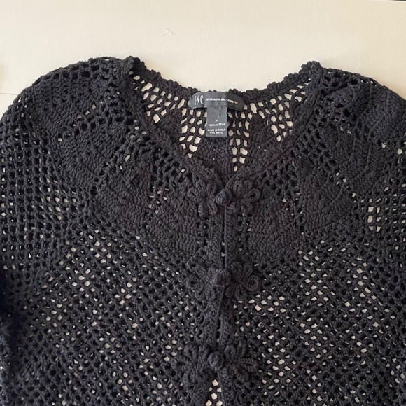 INC International Concepts Open Knit Crochet Black Ruffle Hem Cardigan M - Picture 5 of 15